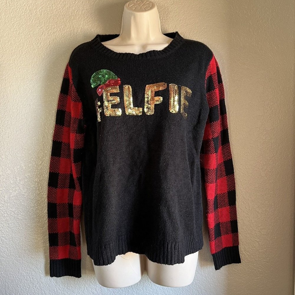 Women’s Self Esteem Sequins Elfie Christmas Sweater Size Large